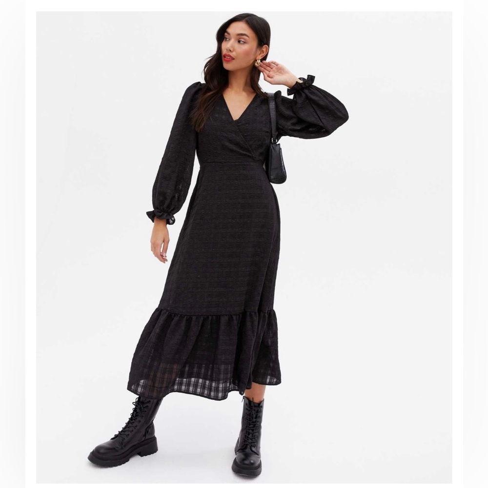 Black Check Seersucker Tiered Midi Wrap Dress